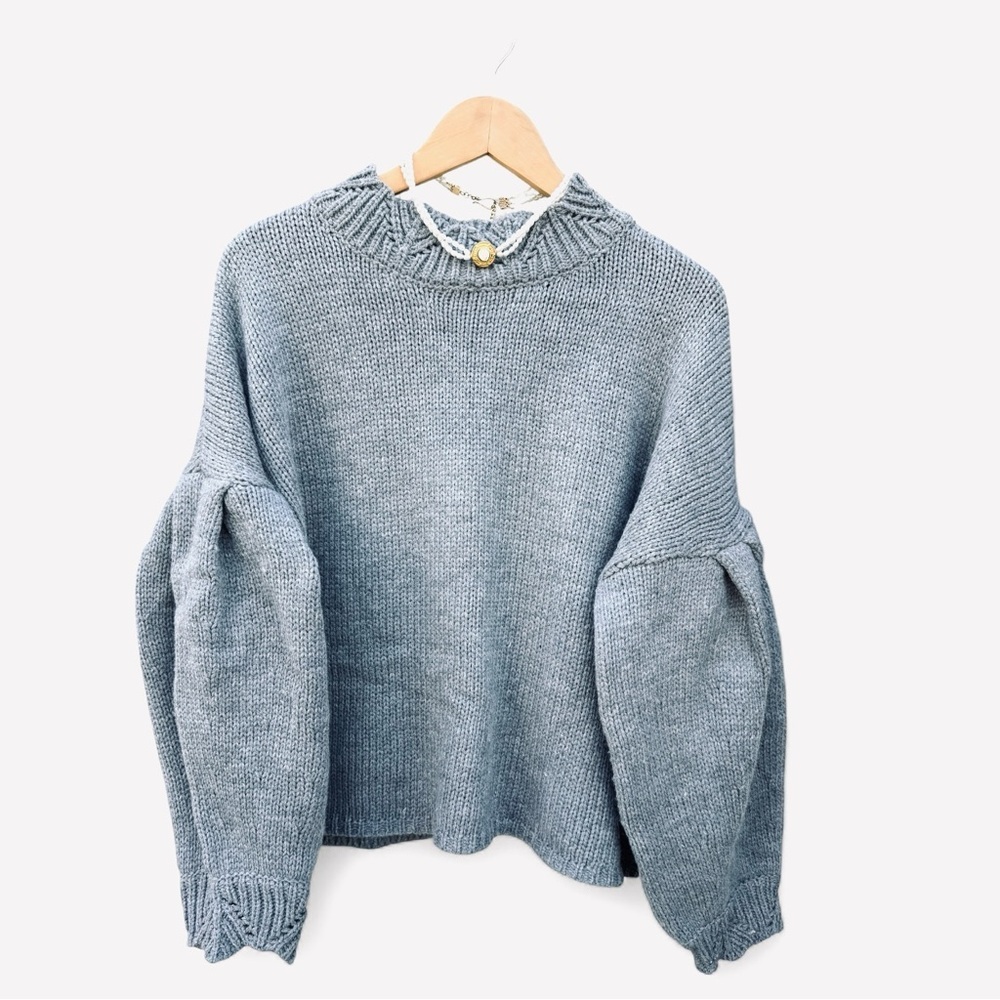 Gray Mustard Seed Oversized Sweater with Ruffle Sleeves
